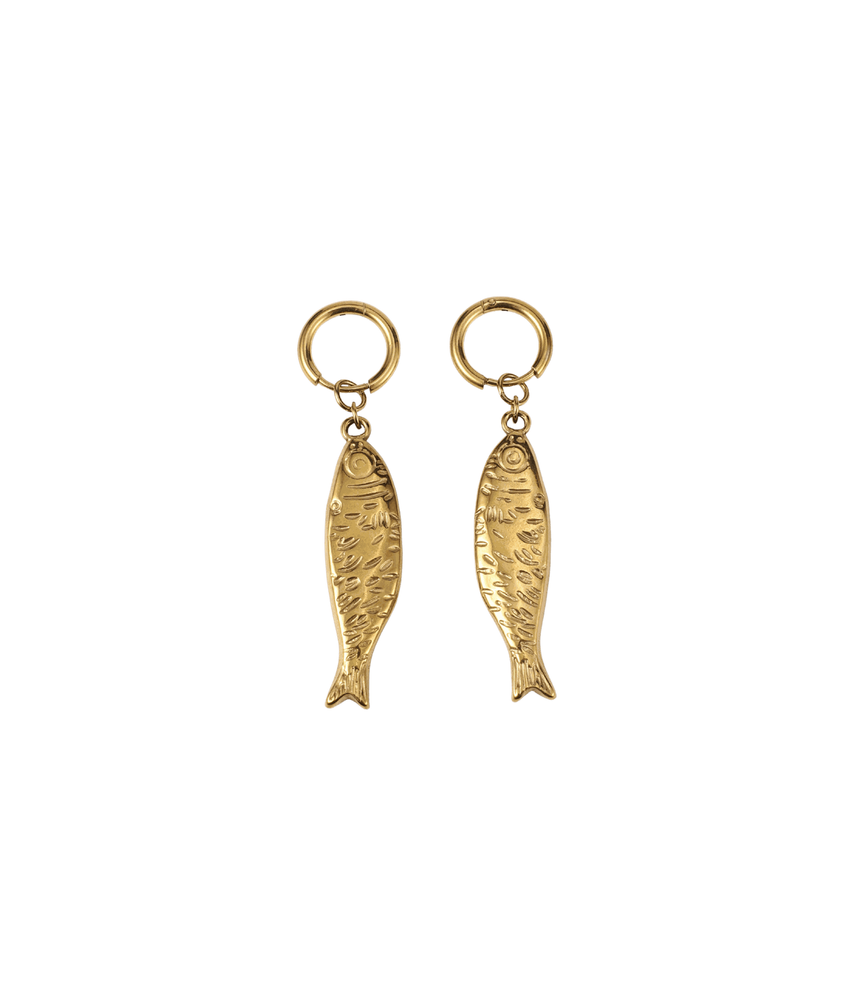 Athena Fish Earrings - Stainless Steel Earrings in gold-toned metal, with textured fish charms and round hoop closures