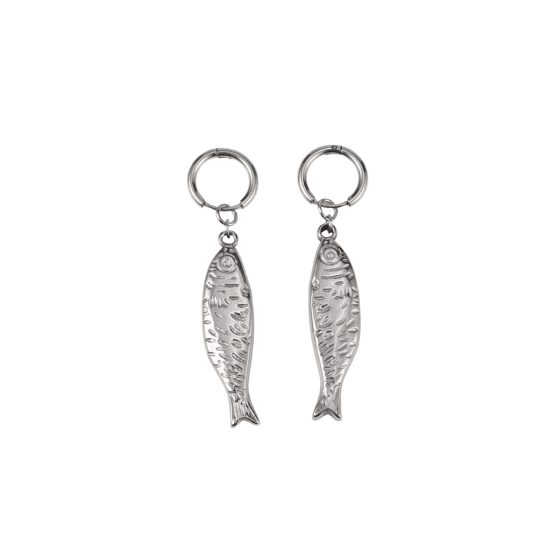 Athena Fish Earrings - Stainless Steel Earrings in silver-toned metal, with textured fish charms and hoop closures