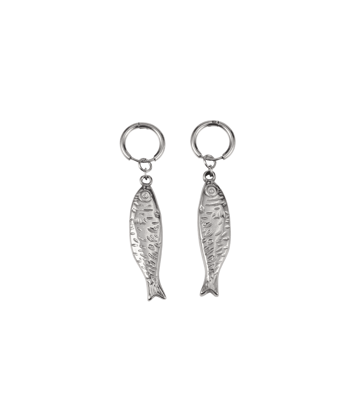 Athena Fish Earrings - Stainless Steel Earrings in silver-toned metal, with textured fish charms and hoop closures