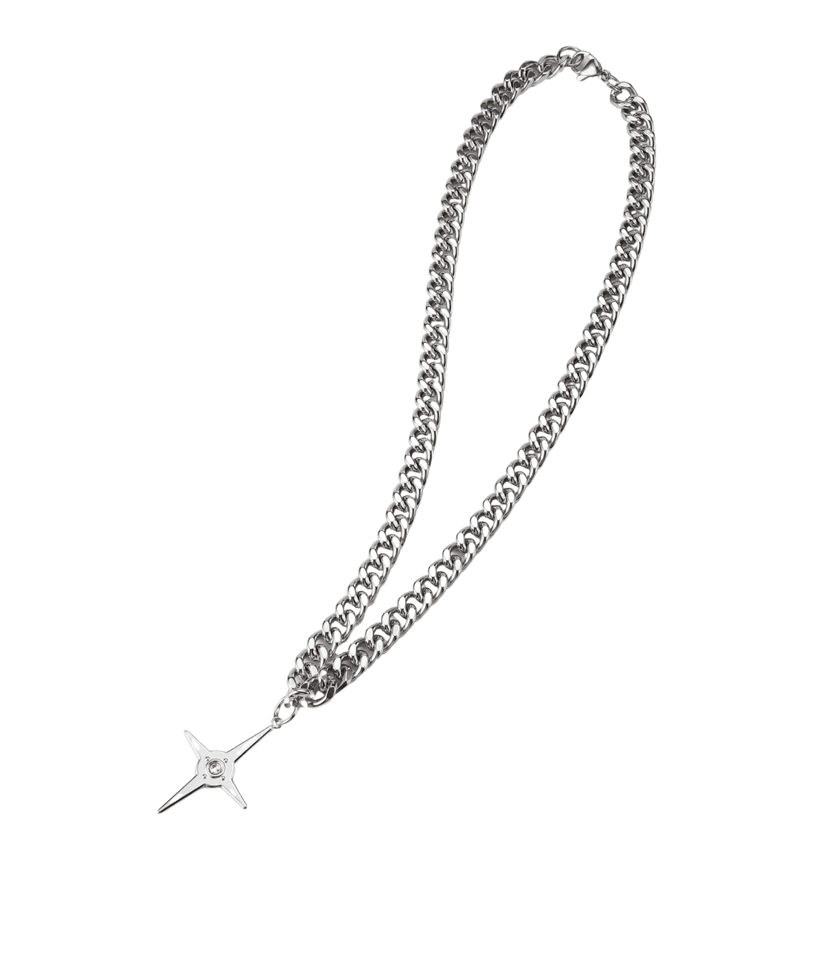 Auron Necklace - Men’s Silver Stainless Steel Star Necklace, chunky curb chain with a four-point star pendant.