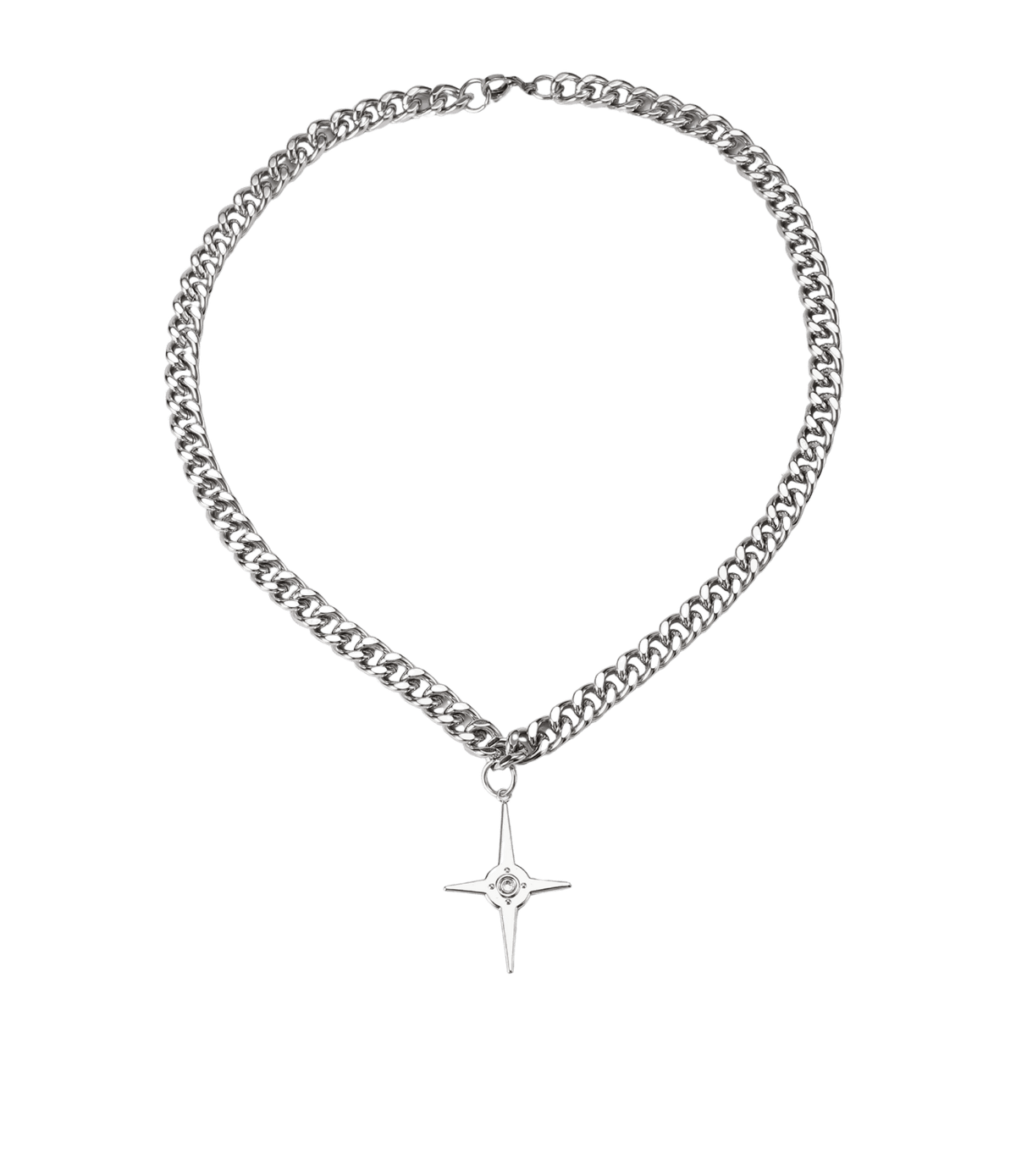 Silver stainless steel curb-chain necklace with a four-point star pendant, Auron Necklace - Men’s Silver Stainless Steel Star Necklace.