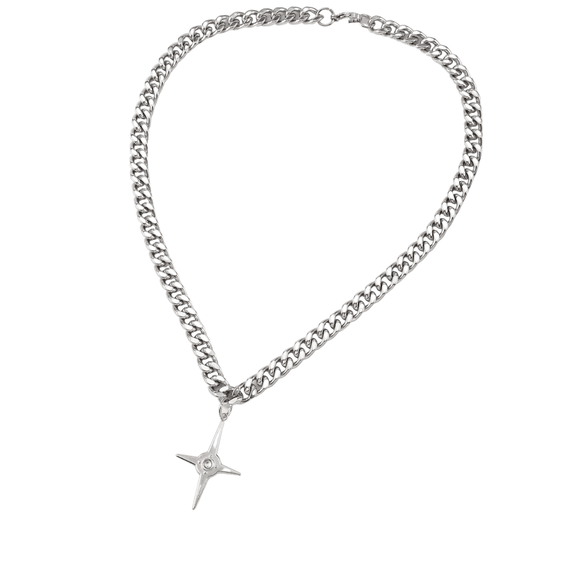 Silver stainless steel Auron Necklace - Men’s Silver Stainless Steel Star Necklace with chunky curb chain and four-point star pendant.
