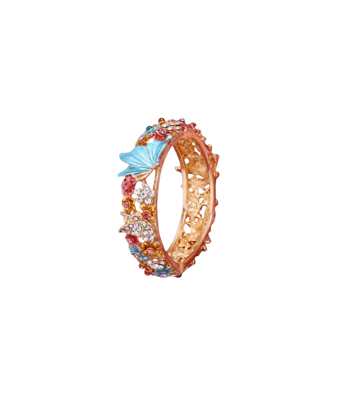 Aurora Bangle in Multicolour, gold-tone metal with ornate floral details, colourful stones and a pale blue bow