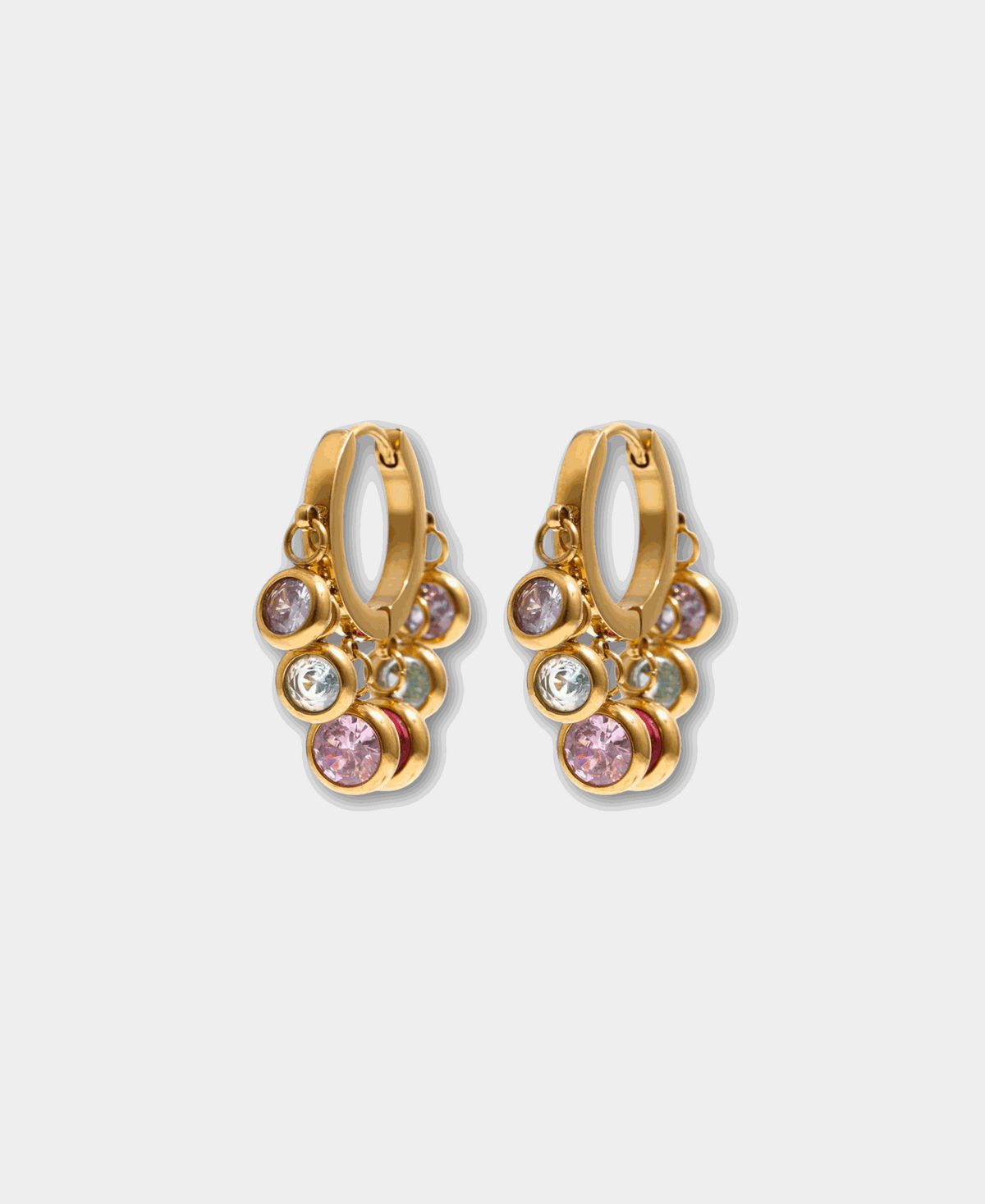Aurora Hoops in Multicolour, gold-tone hoops with dangling round charms in pink, clear and iridescent hues.