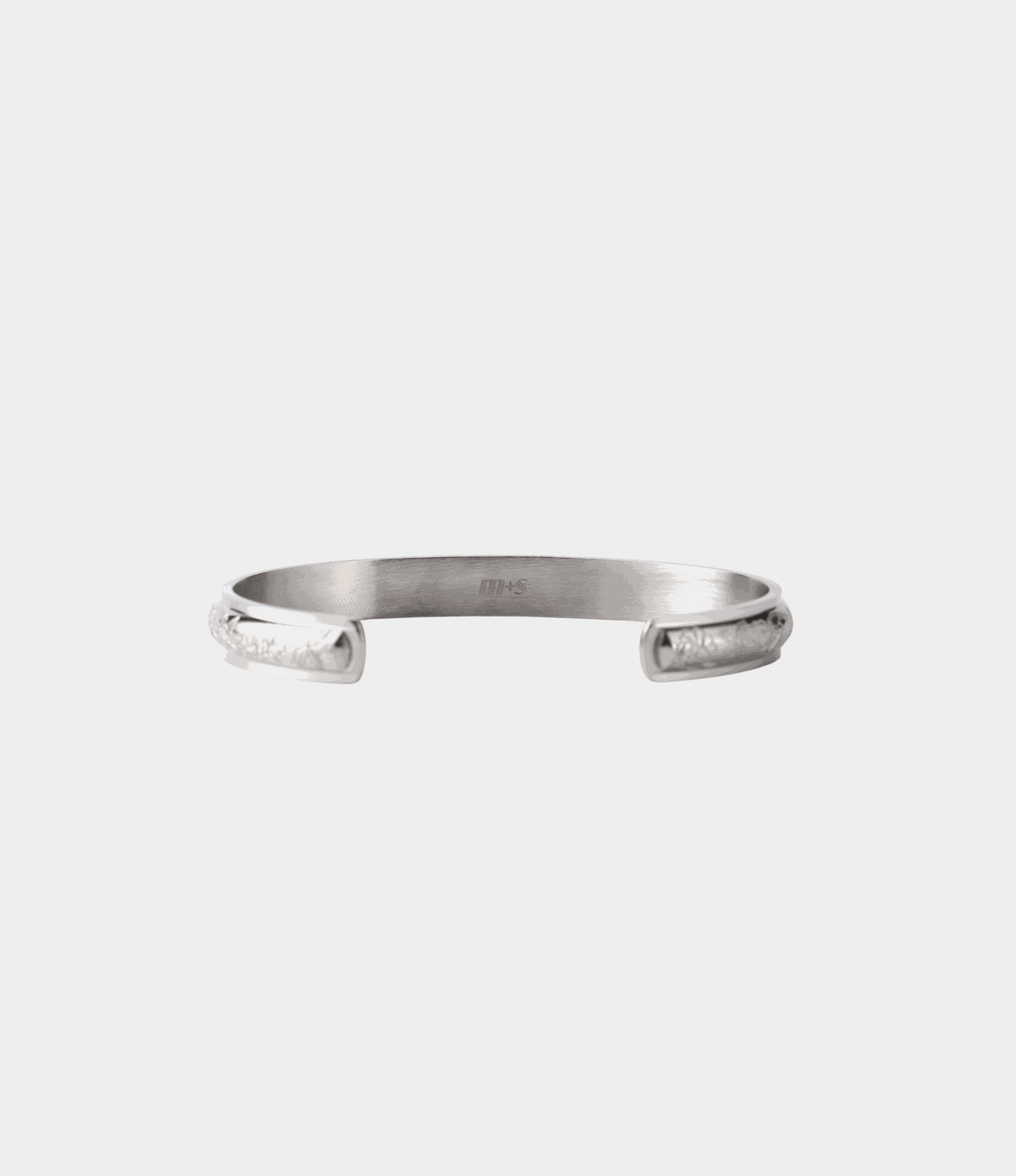 Azura Bangle - Stainless Steel Bangle in polished silver-tone metal, with an open cuff and engraved butterfly details at the ends.