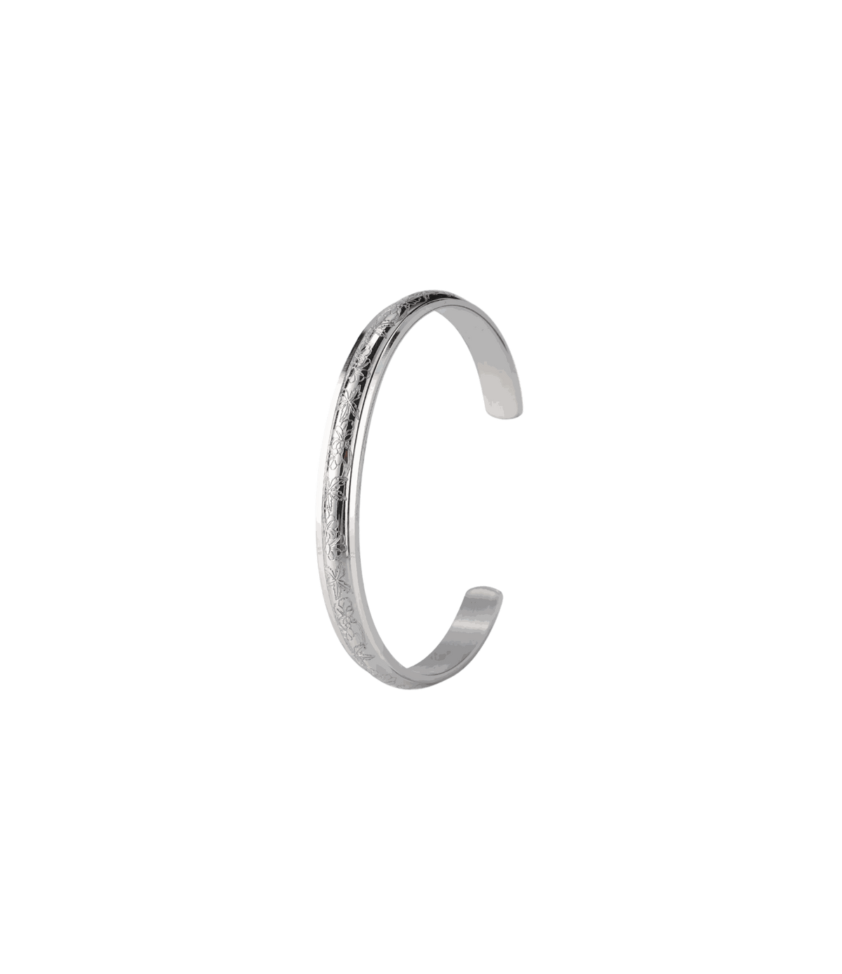 Azura Bangle - Stainless Steel Bangle, silver-tone open cuff with a slim polished band and engraved butterfly detailing.