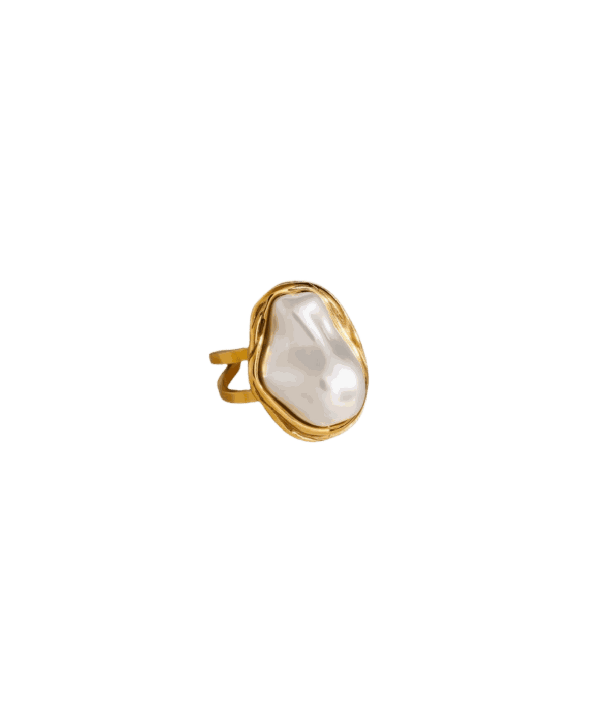 Baroque Pearl Ring with an oversized irregular white pearl framed by a gold-tone setting and band.