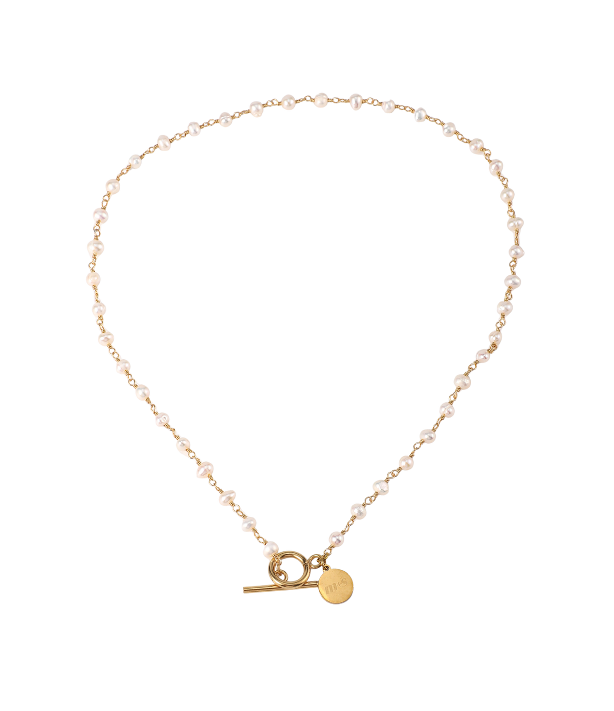 Freshwater pearl necklace with irregular white pearls, gold-tone links and a statement T-bar clasp; Brigitte Pearl Necklace - Freshwater pearl necklace