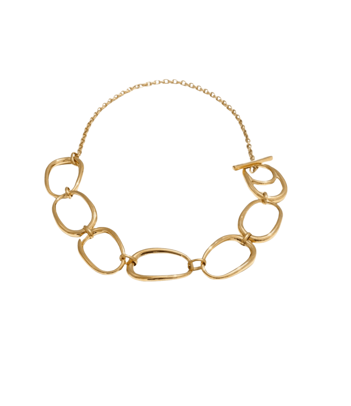 CAMILLA NECKLACE in gold-tone metal, featuring chunky open oval links and a fine adjustable chain with toggle clasp