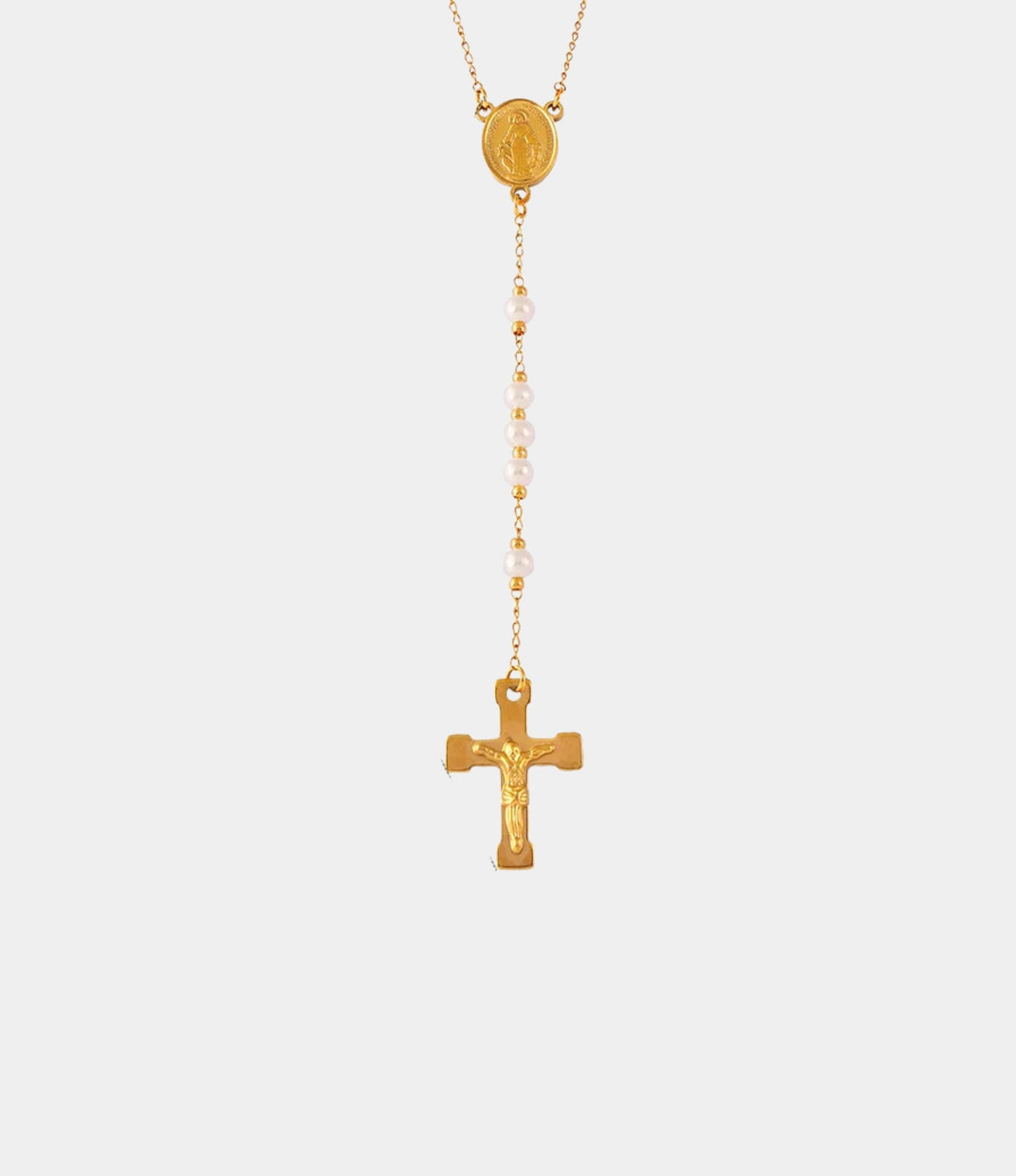Celeste Nova Cross Necklace in gold-tone metal, featuring an oval medallion, pearl-like beads and a detailed cross pendant