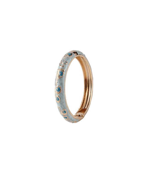 POPPY BANGLE IN LIGHT BLUE, slim gold-tone bangle with pale blue enamel and raised floral detailing.