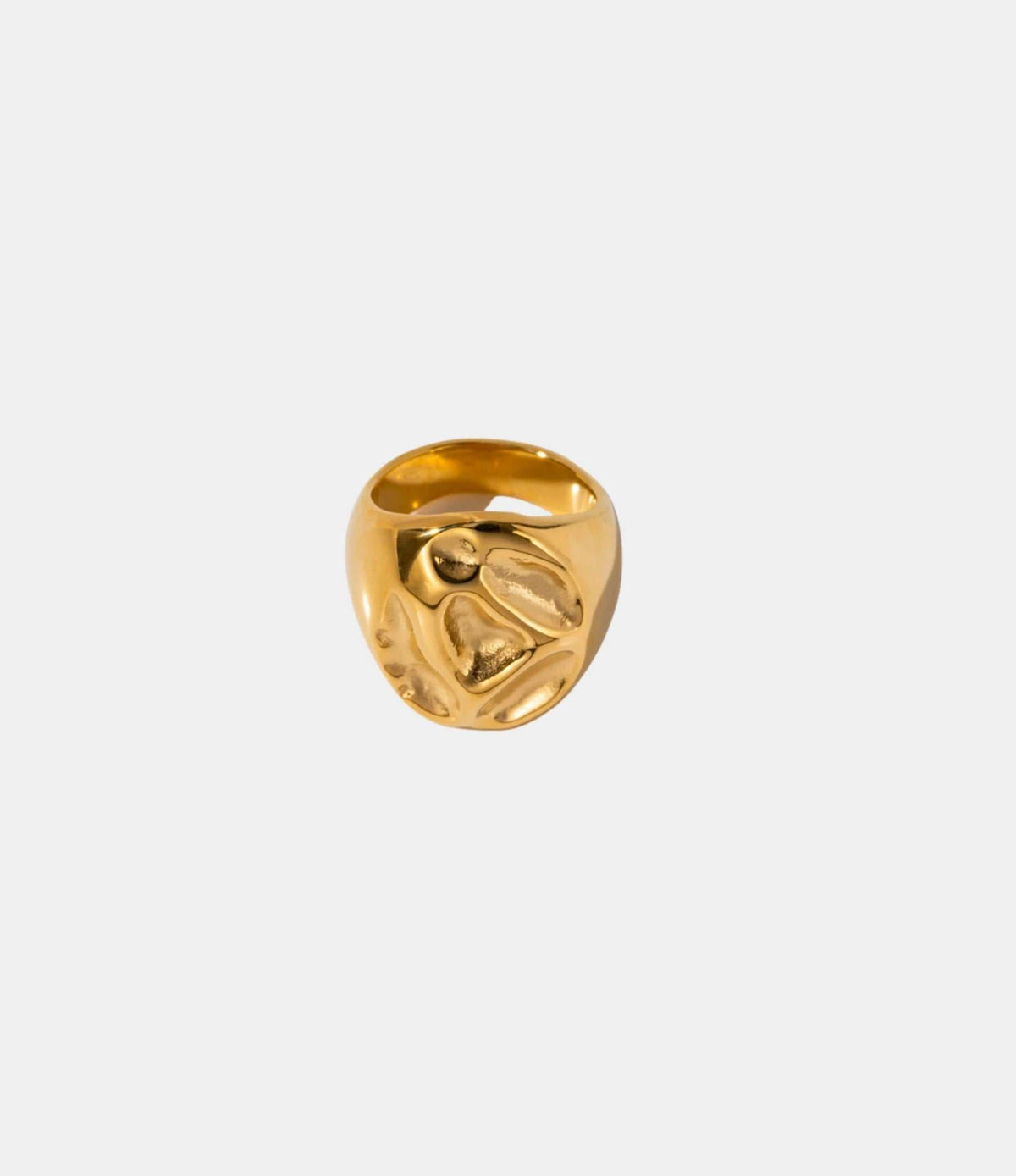 CHLOE RING, a gold-tone statement ring with a wide rounded band and sculptural, irregular raised details.