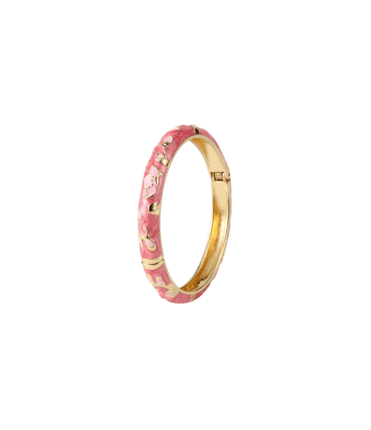 DAHLIA BANGLE IN CUPID'S KISS, pink enamel bangle with gold-tone metal trim and a floral pattern.