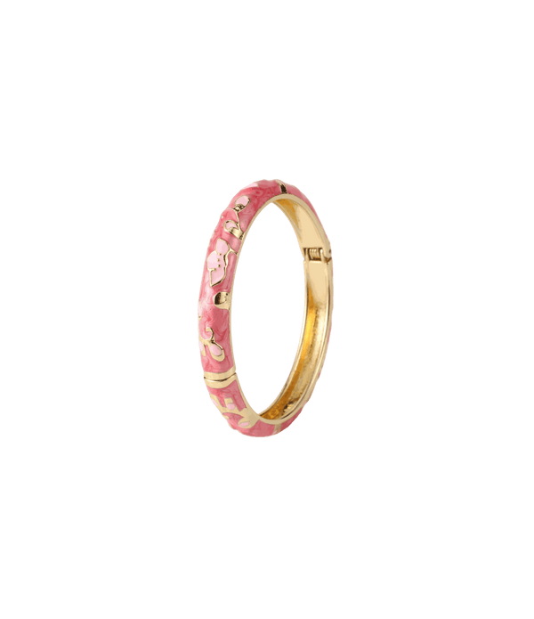 DAHLIA BANGLE IN CUPID'S KISS, pink enamel bangle with gold-tone metal trim and a floral pattern.