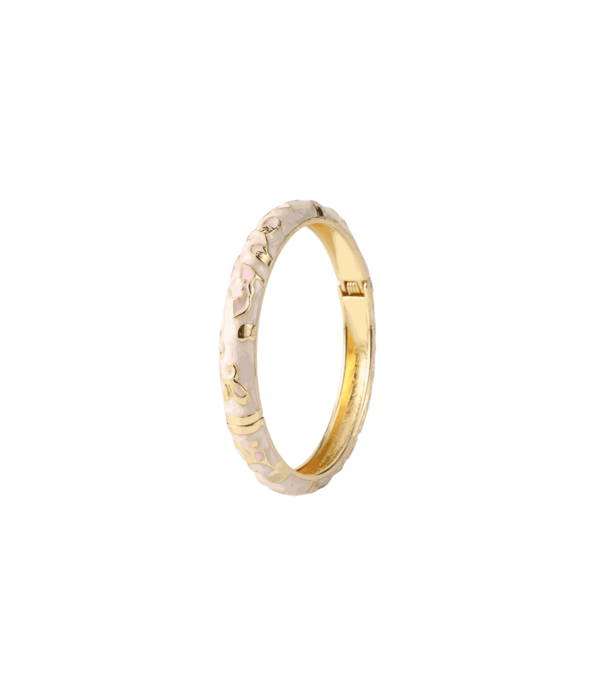 Enamel and gold-tone bangle, DAHLIA BANGLE IN MAGNOLIA, with pale pink floral motifs and a hinged clasp.