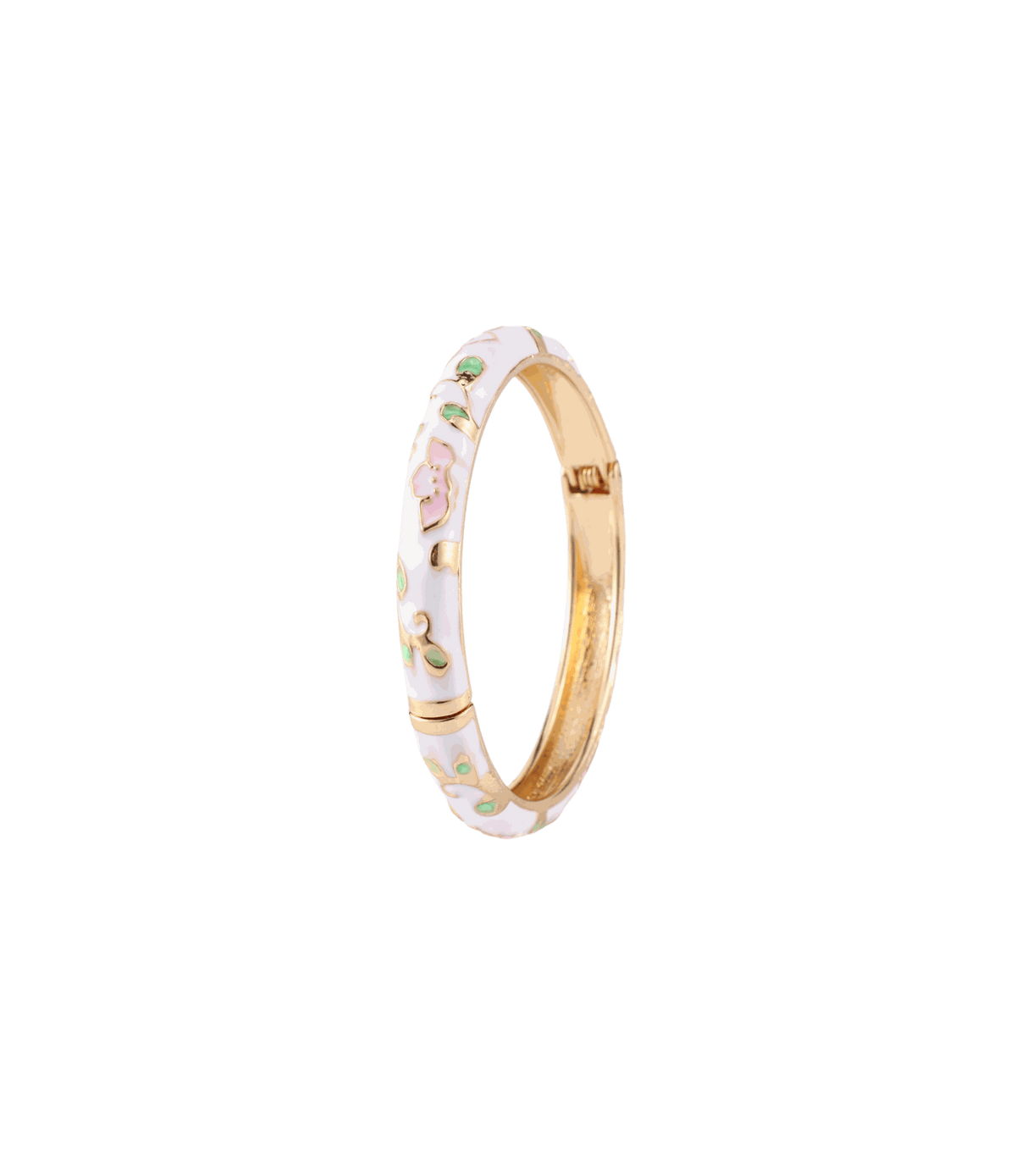 DAHLIA BANGLE IN WHITE with a gold-tone metal band, white enamel and raised pink and green floral details.