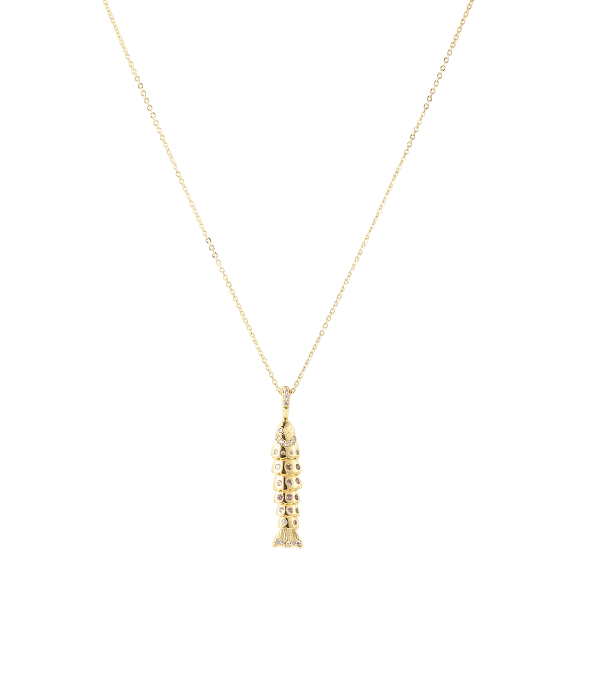 DELILAH FISH NECKLACE in gold-tone brass with a long chain and small fish pendant set with multicoloured stones.