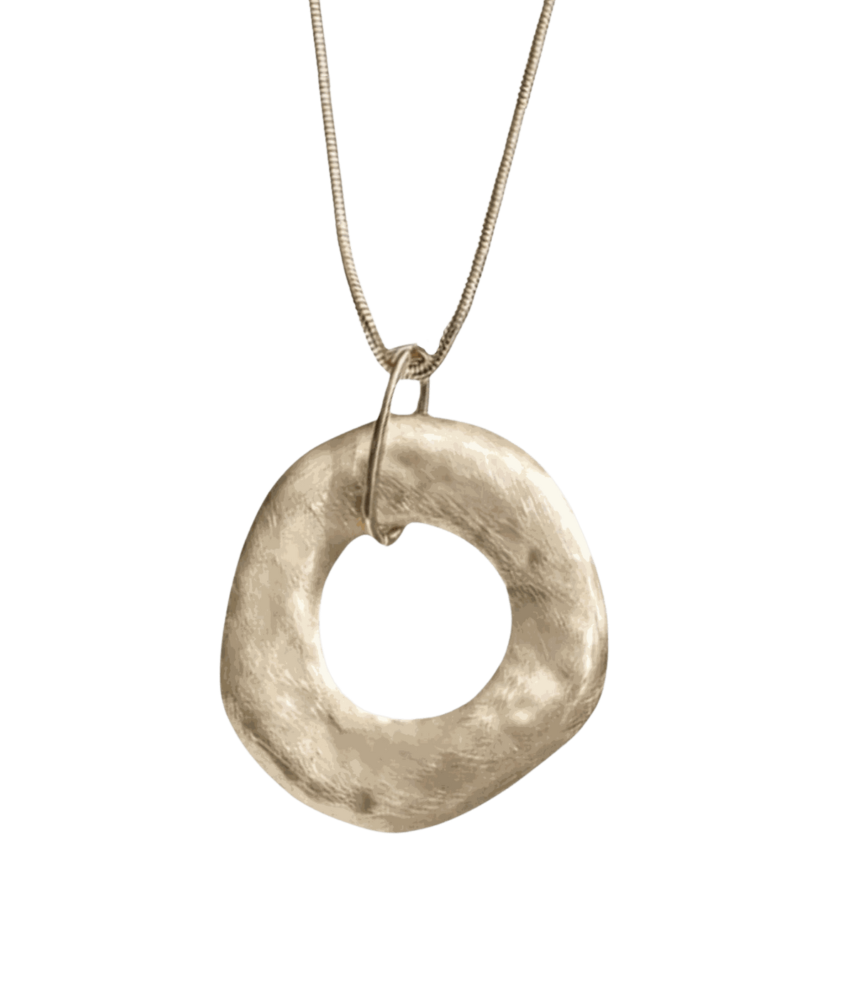 DELILAH PENDANT NECKLACE with a gold-tone metal chain and a large irregular circular pendant with a textured finish
