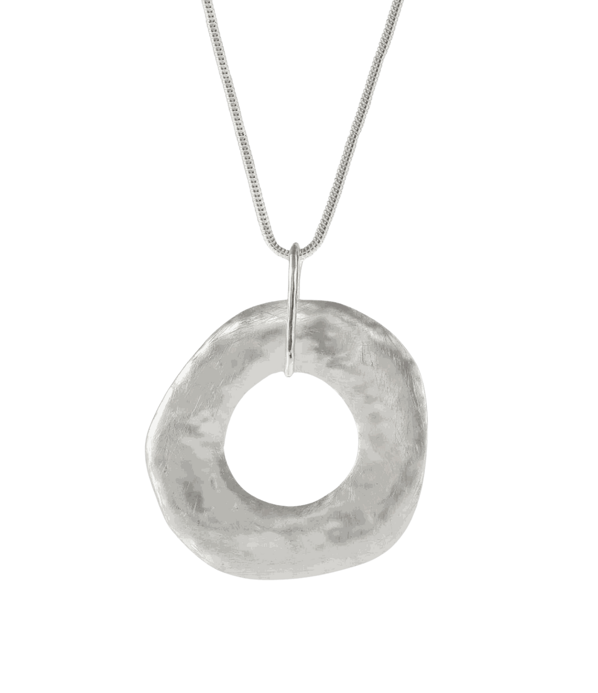 DELILAH PENDANT NECKLACE in silver-tone metal, featuring a long chain and a large, hammered circular ring pendant.