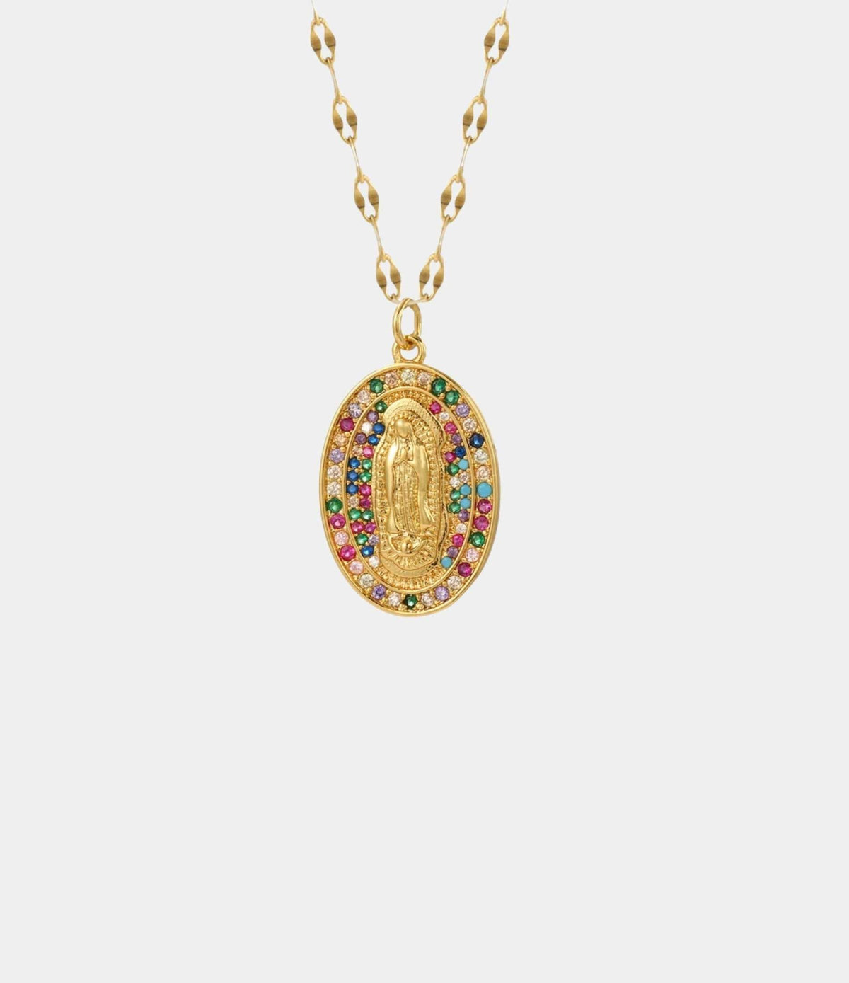 Divine Mary Necklace with a gold oval chain and ornate Mary pendant bordered by colorful jewel details