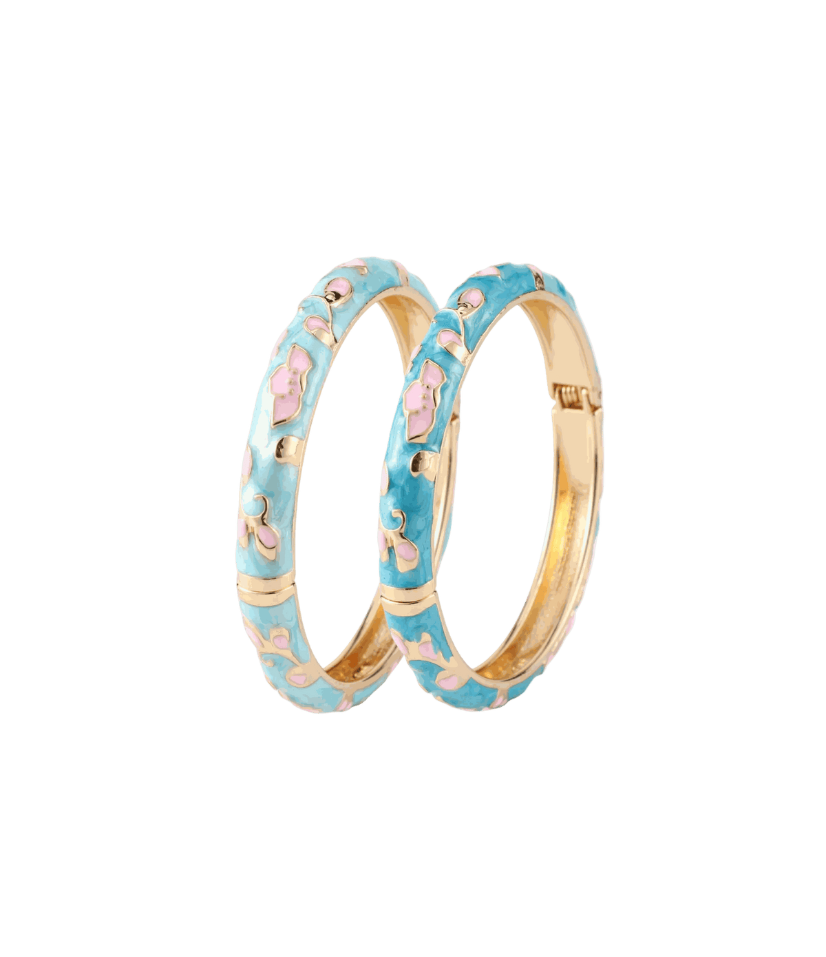 DOUBLE TROUBLE BANGLE SET with two gold-tone metal bangles, aqua blue enamel and pink floral accents.