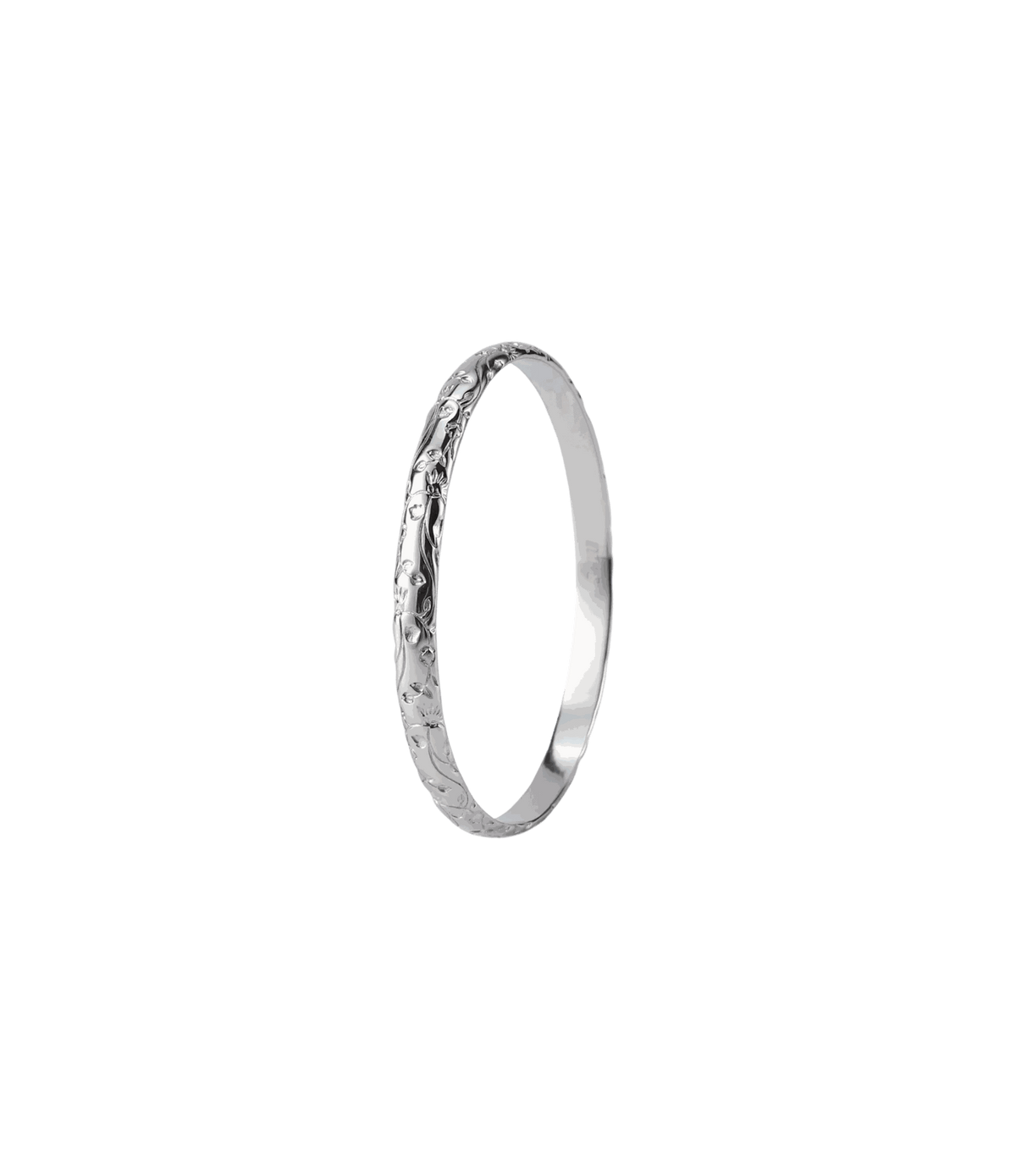 EDEN BANGLE - Stainless Steel Bangle, slim silver-toned metal with a delicate engraved floral pattern around the band