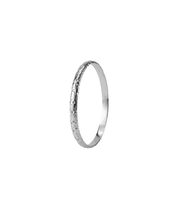 EDEN BANGLE - Stainless Steel Bangle, slim silver-toned metal with a delicate engraved floral pattern around the band