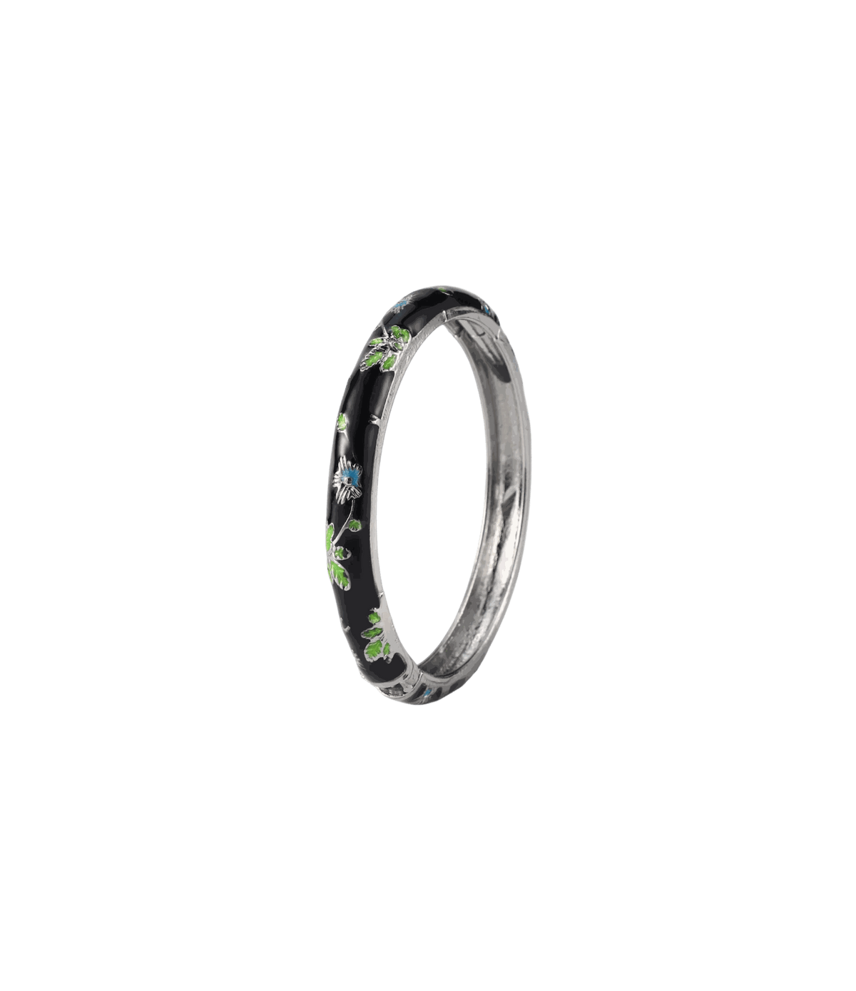 ENAMEL FAIRY BANGLE in black enamel and silver-tone metal, with delicate green leaves and small blue floral accents.