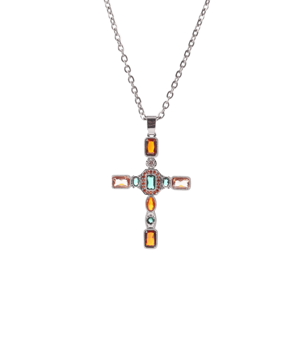 Falone Necklace - Long necklace 70cm chain statement cross pendant with a silver-toned chain and colourful orange, turquoise and pale stones.