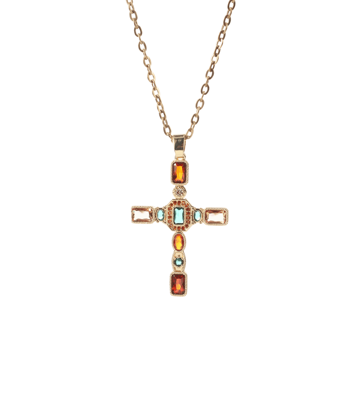 Falone Necklace - Long necklace 70cm chain statement cross pendant, gold-tone link chain with colorful red and turquoise stones.
