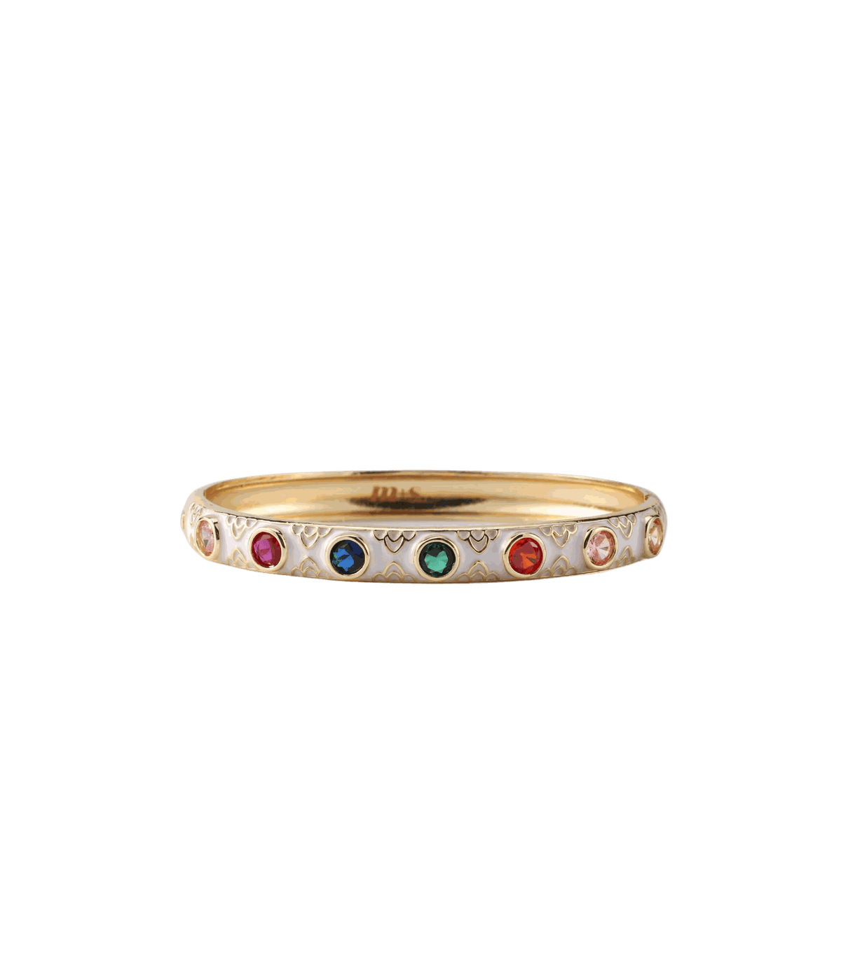 Gemini Bangle In White - Chinese cloisonné bangle with a gold-tone band, white enamel, and multicoloured round stones