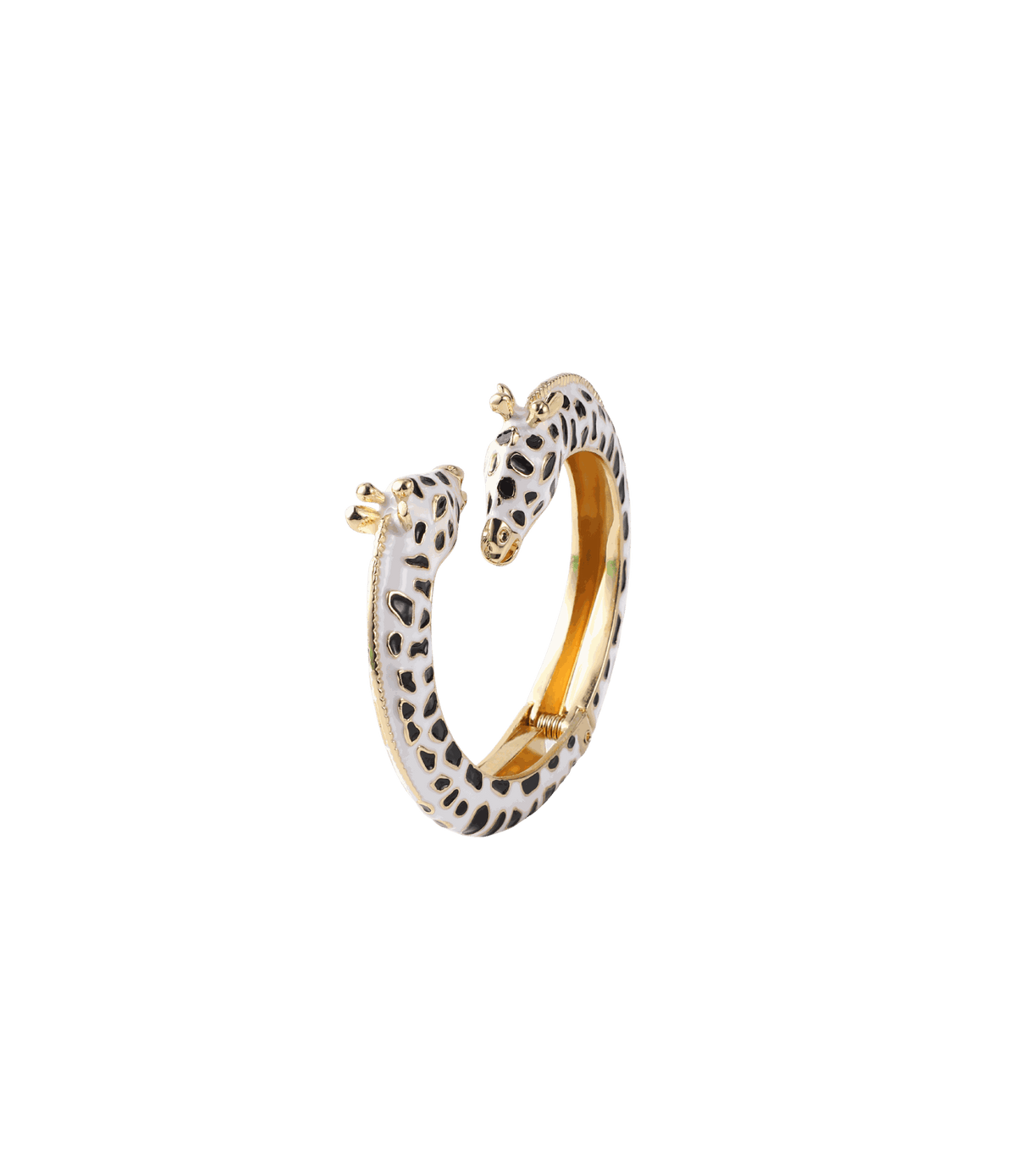 Giraffe Enamel Bangle in Black with a gold-tone open cuff, white enamel giraffe heads and black spots