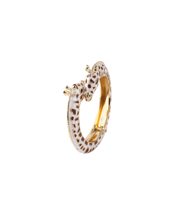 GIRAFFE BANGLE IN COFFEE, gold-tone metal with white enamel and brown giraffe spots, featuring a sculpted giraffe design.