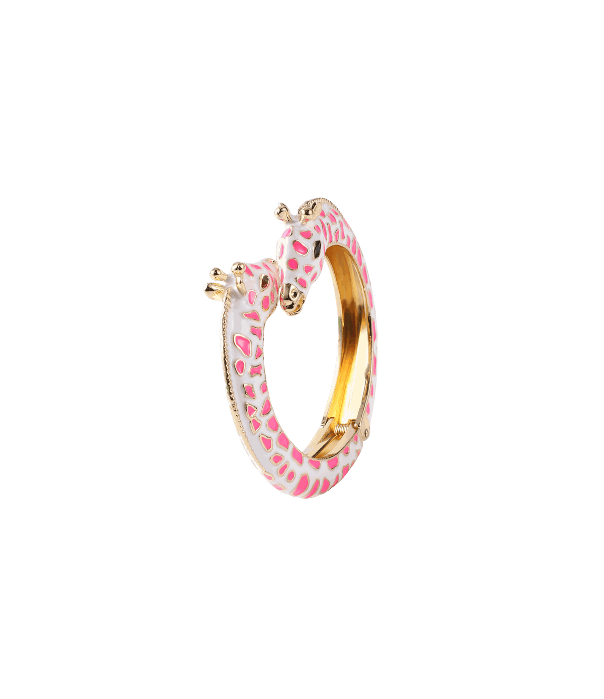 Enamel GIRAFFE BANGLE IN PINK with a white base, bright pink giraffe spots and gold-tone interior and ends.