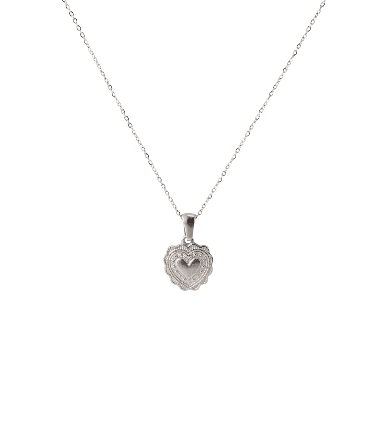 JULIETTE NECKLACE in silver-tone metal, with a fine chain and ornate heart-shaped pendant featuring a central heart cutout.