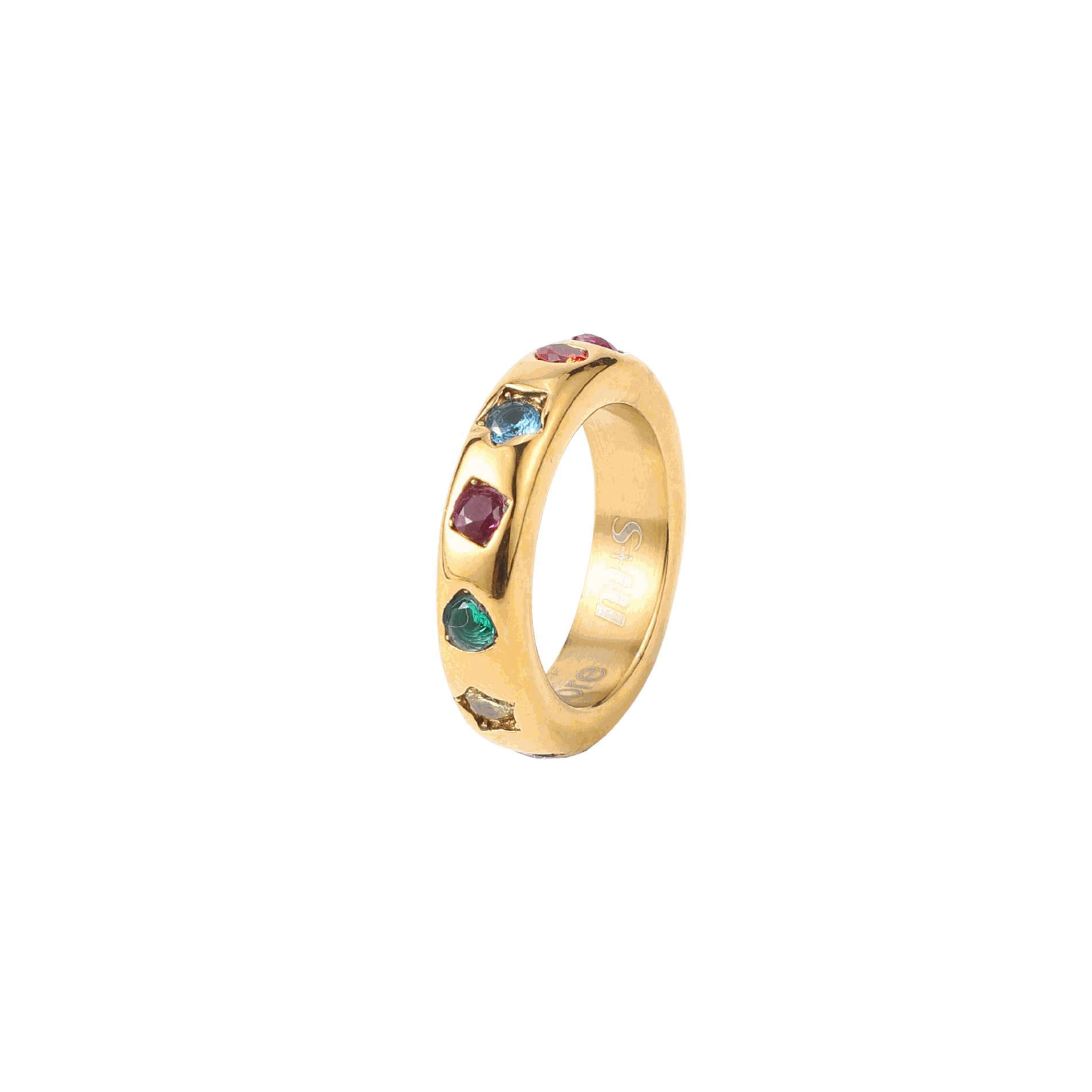 KODY RING gold-tone metal band with colourful faceted stones set along the front in a playful design