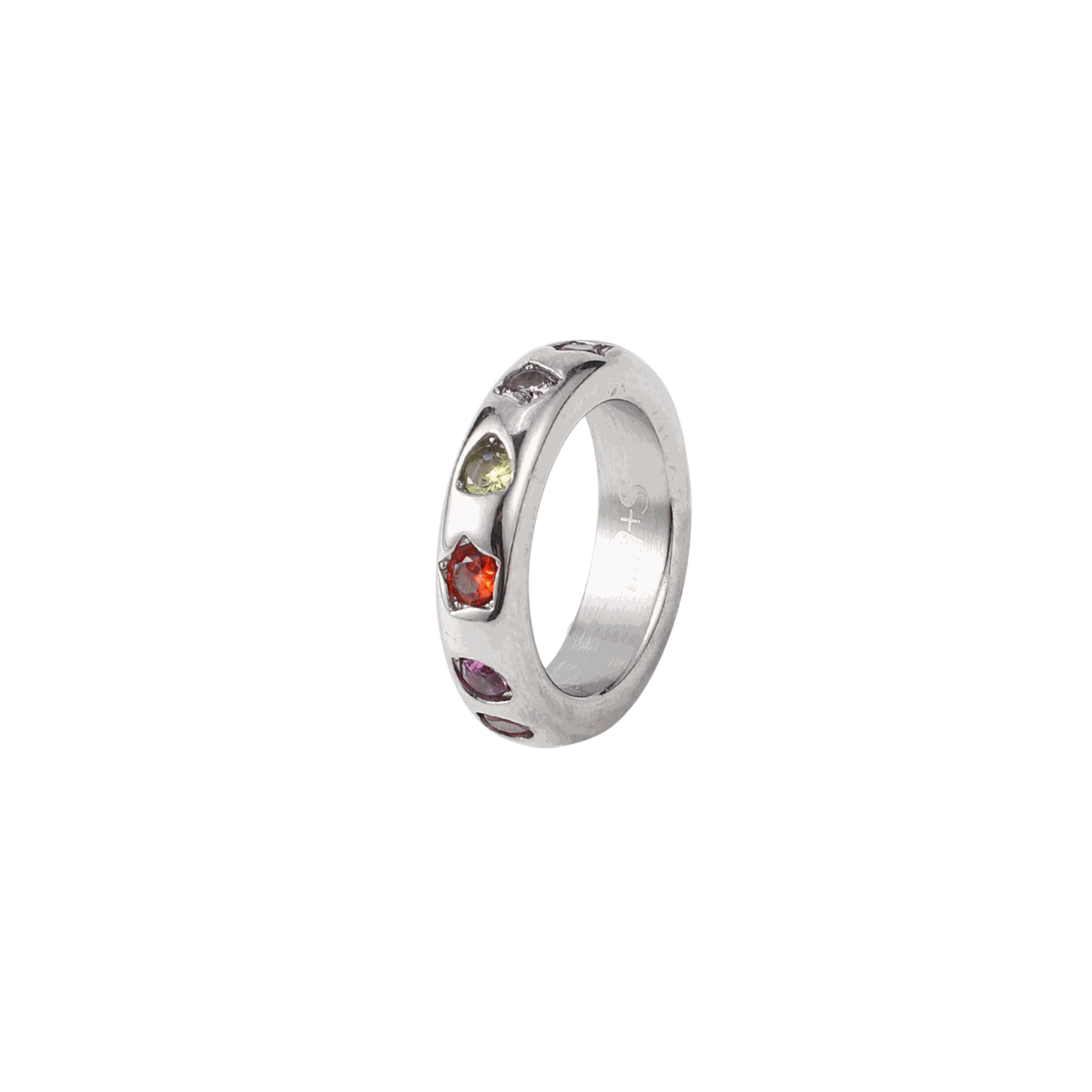 KODY RING silver stainless steel band with multicoloured oval stones set along the front and sides