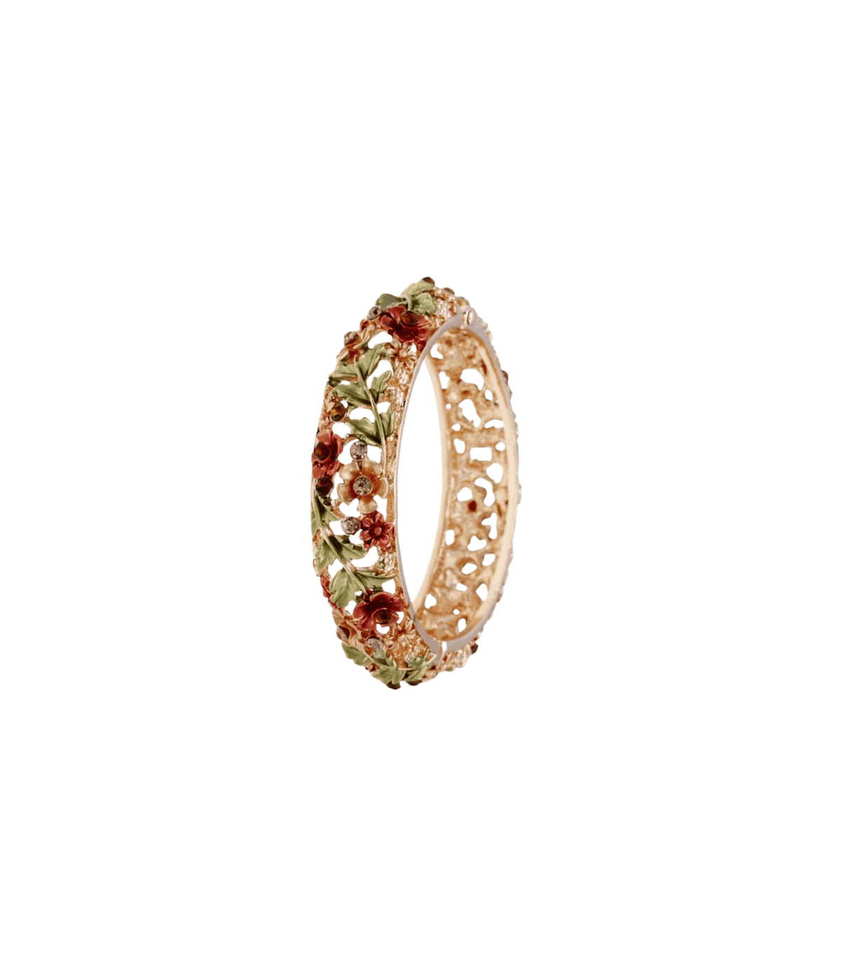 LA VIE EN ROSE BANGLE in gold-tone metal with glossy enamel, featuring raised red and pink flowers, green leaves and a jeweled edge.