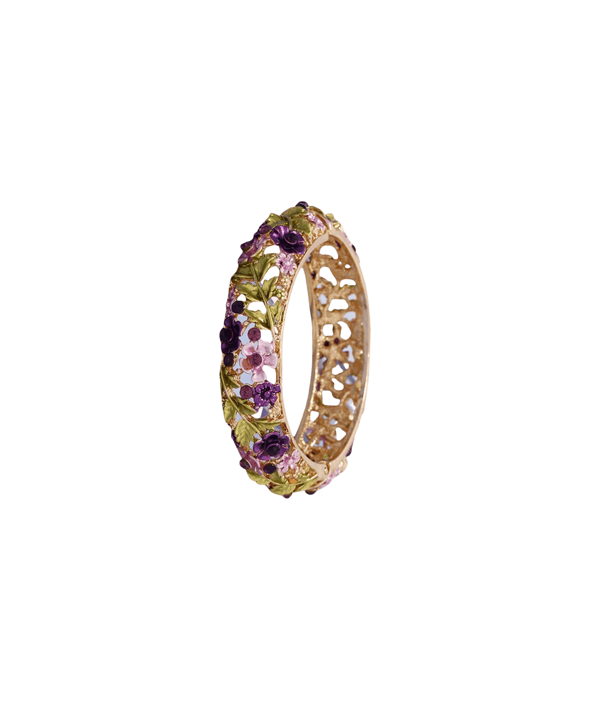 LA VIE EN ROSE BANGLE in gold-tone metal with purple floral stones, green leaf details and ornate openwork