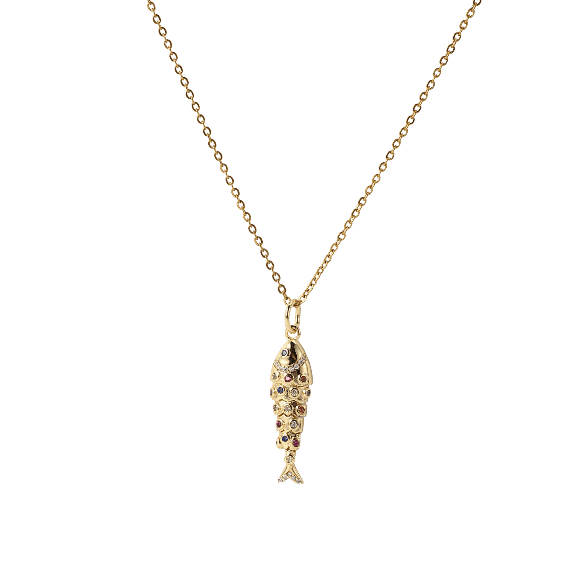 Lola Fish Necklace - Long chain made for layering in gold-tone metal, with a slender fish pendant set with multicoloured stones