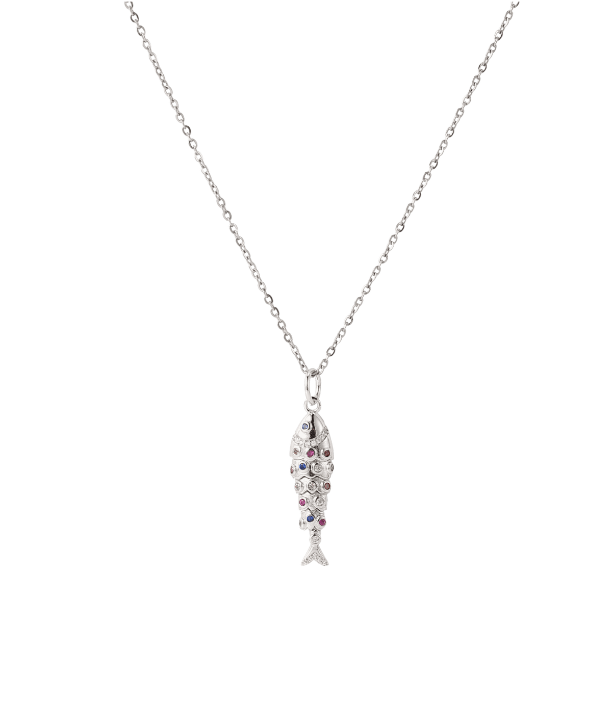 Lola Fish Necklace - Long chain made for layering, silver-tone chain with a fish pendant set with multicoloured stones.
