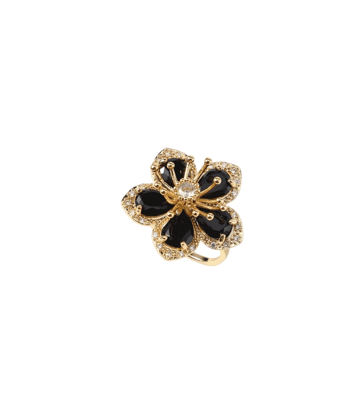 LOVELA RING IN BLACK, gold-tone adjustable metal ring with a black enamel flower and sparkling clear accents.