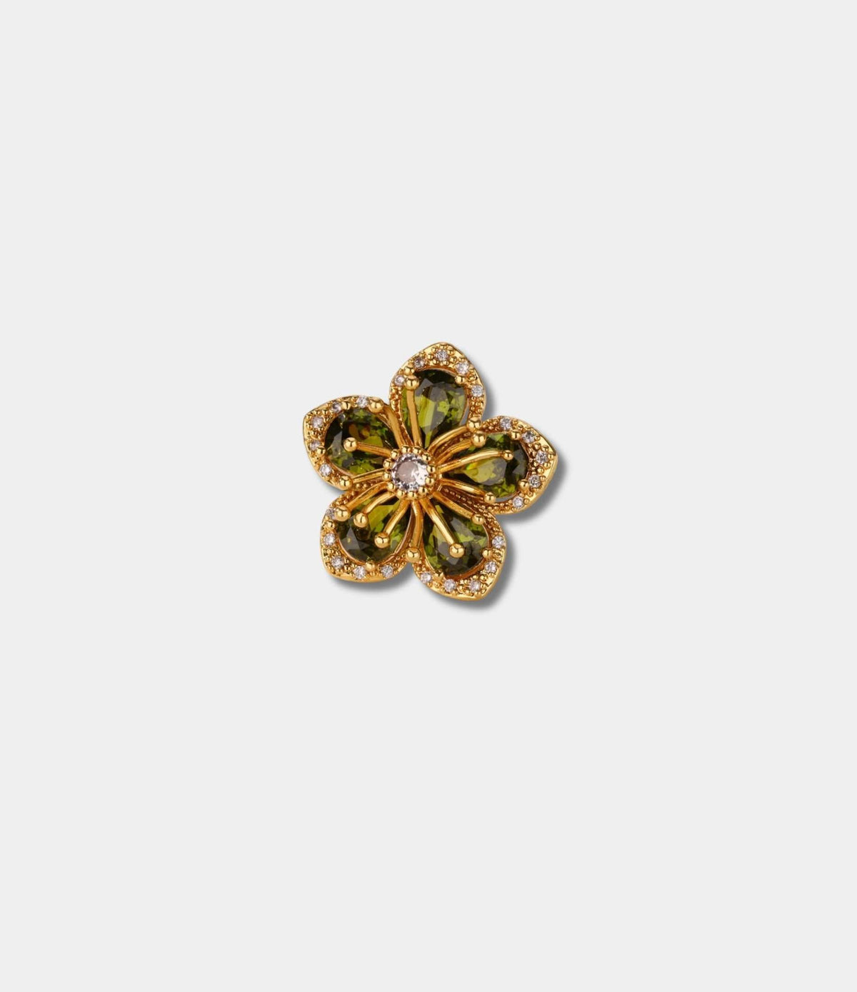LOVELA RING IN gold-toned metal, featuring a five-petal flower with olive-green stones and a sparkling center.