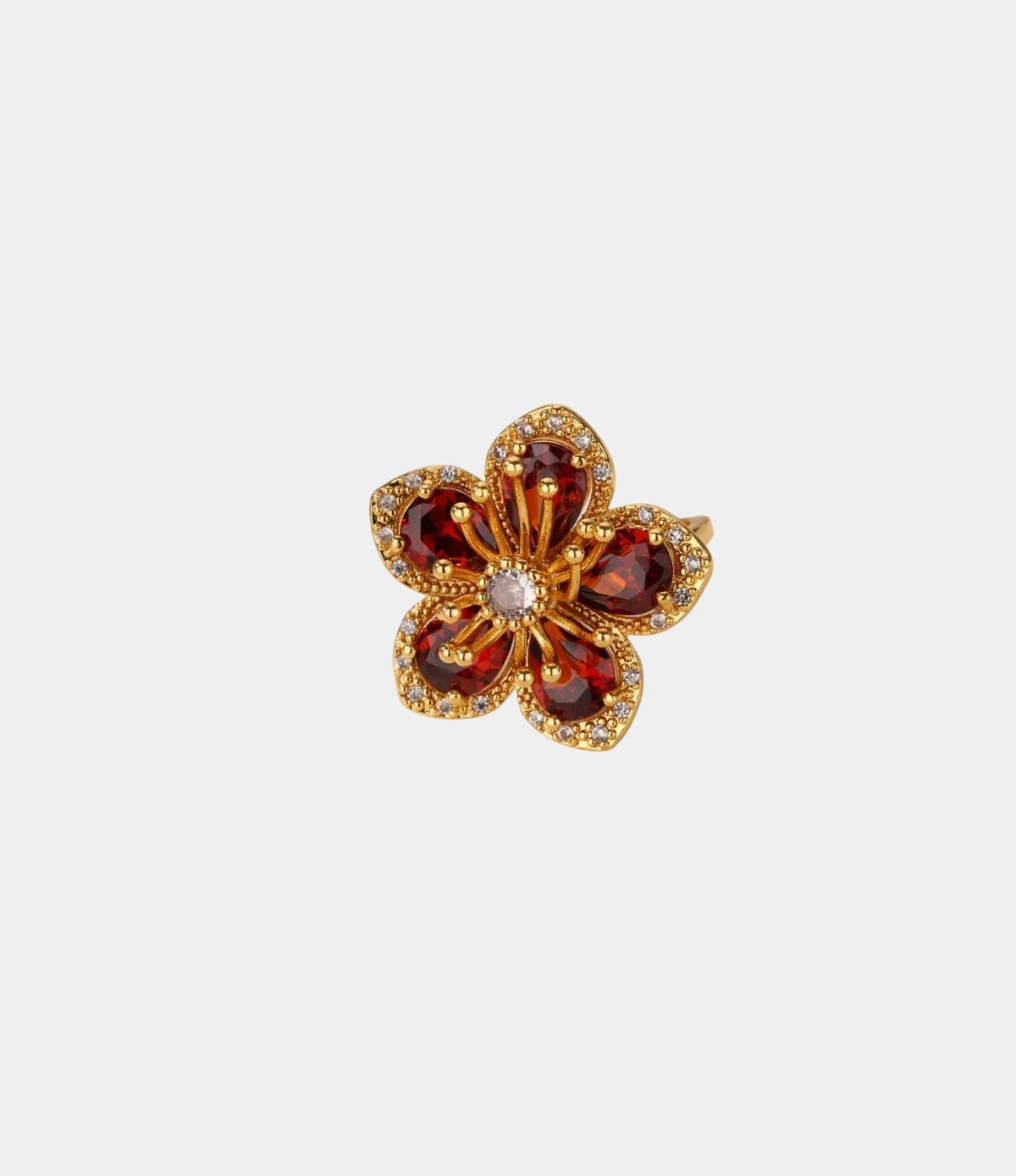 LOVELA RING IN ROSE RED, gold-tone floral ring with deep red petal stones, crystal accents and a central clear gem.