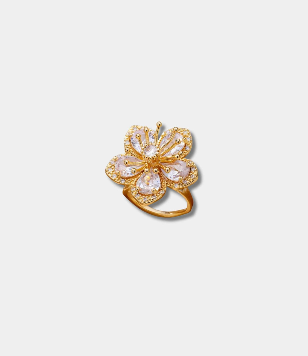 Lovela Ring in White featuring a gold-tone adjustable band and oversized flower with white stones and beaded details.