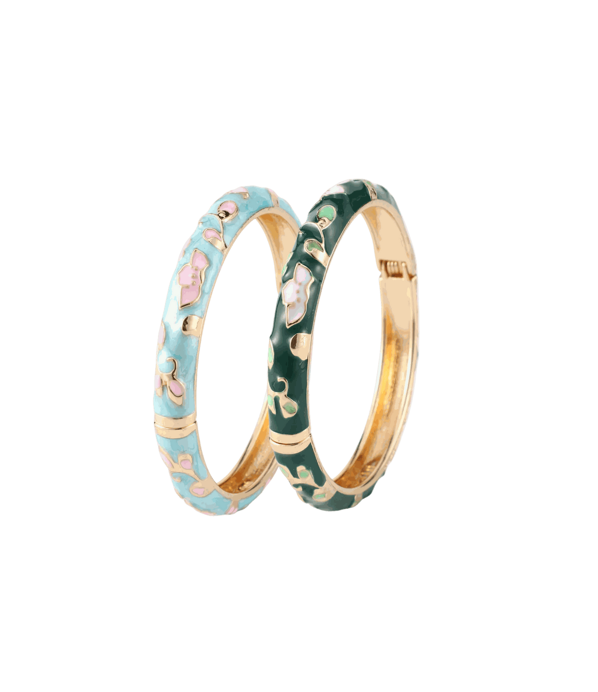 LUCKY YOU BANGLE SET featuring two gold-tone bangles with light blue and dark green enamel, floral details and pink accents.