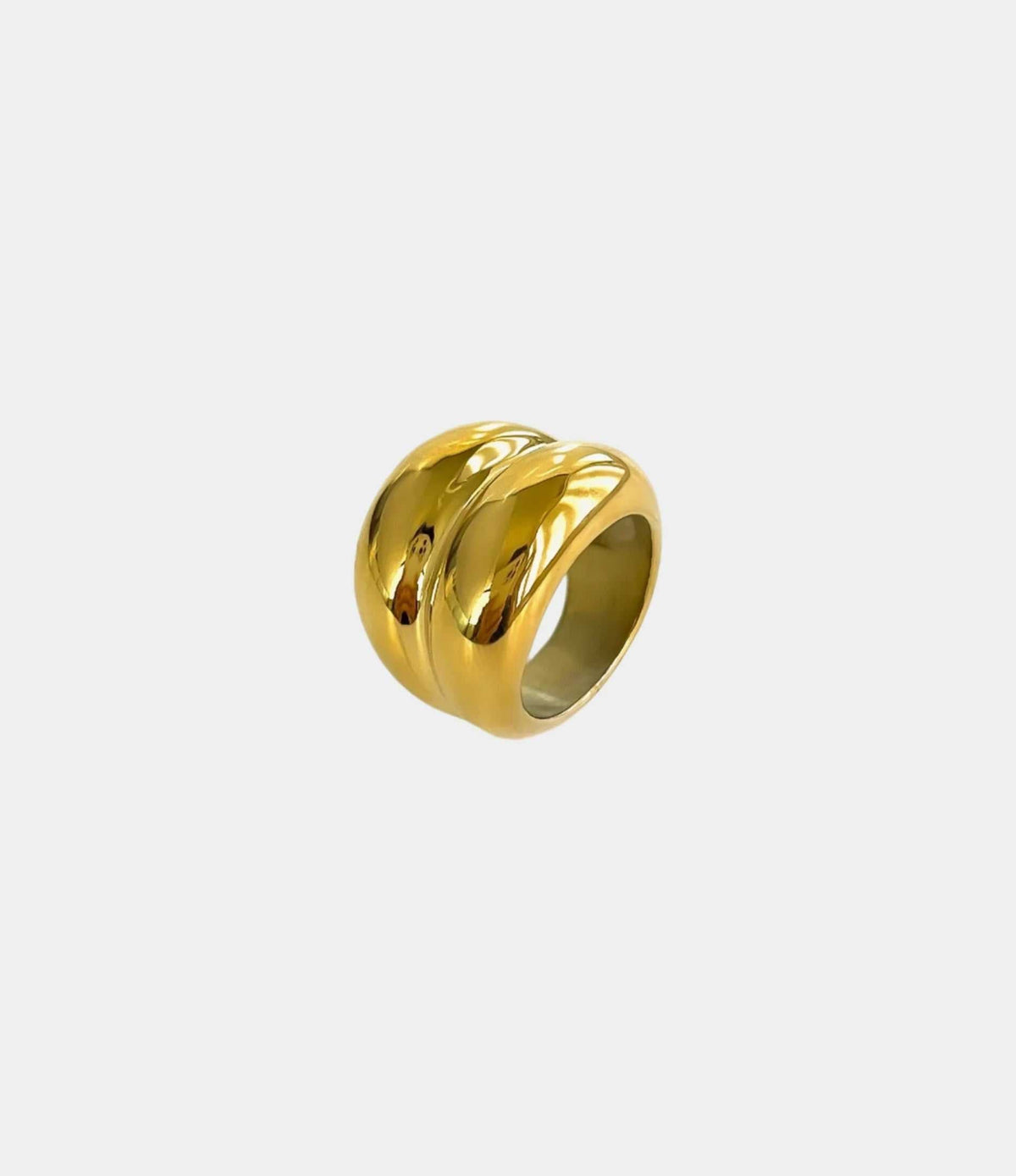 Maison Aurelle Ring, chunky gold-tone stainless steel statement ring with a wide, sculptural rippled band