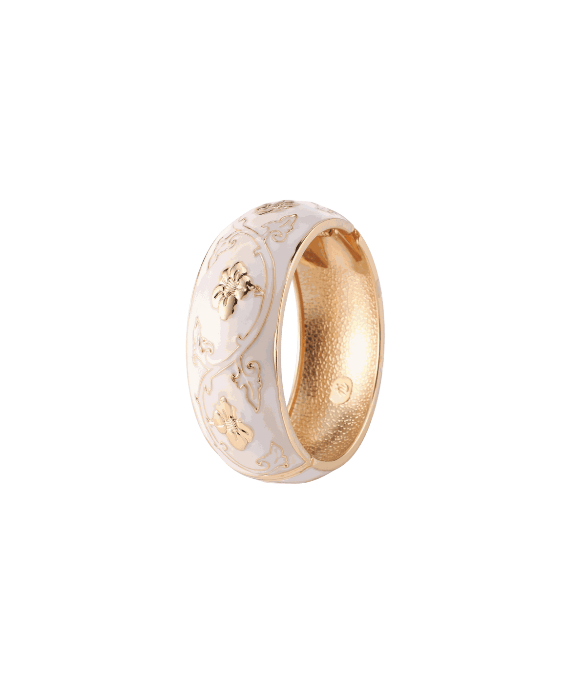 MEI BANGLE IN WHITE: white enamel bangle with gold-toned floral motifs, ornate raised detailing and a textured inner band.
