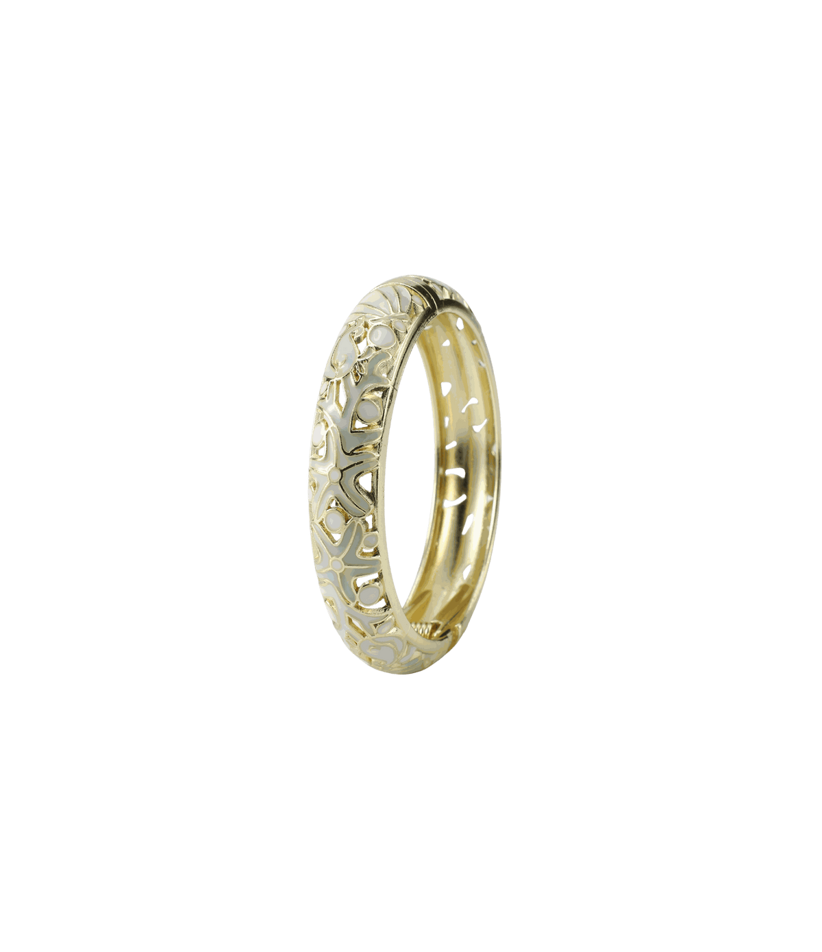 MERMAIDIA BANGLE IN CLOUDY, gold-tone enamel bangle with pale cloudy accents and raised scalloped openwork detailing.