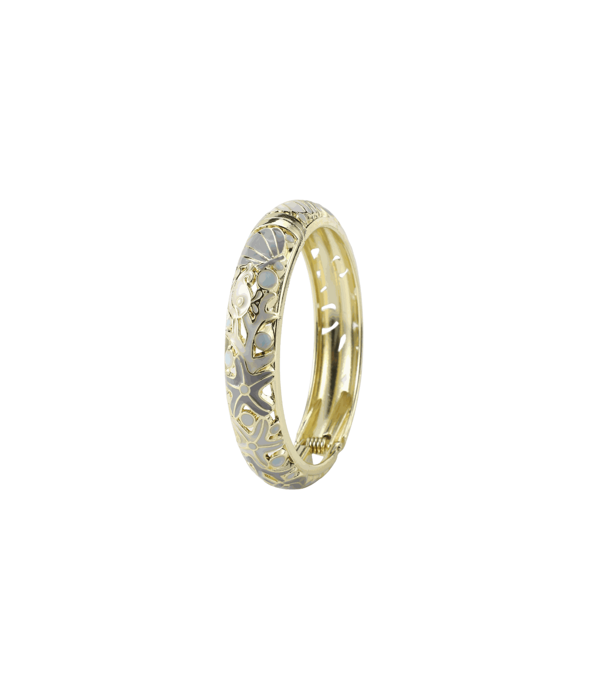 MERMAIDIA BANGLE IN GRAY, gold-tone metal bangle with pale gray enamel, featuring an ornate floral cutout pattern